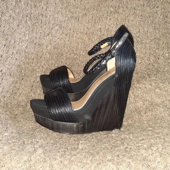 MARK & JAMES-BADGLEY MISCHKA-Roana-Black Leather Wooden Wedge Platform-Sz 5.5-NM - Picture 2 of 6